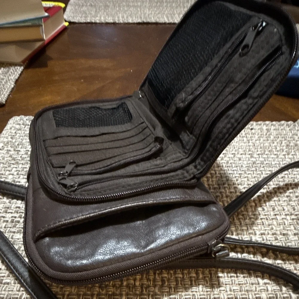 Unbranded Brown Faux Leather Sm Crossbody Organizer Bag Adjustable Strap Travel